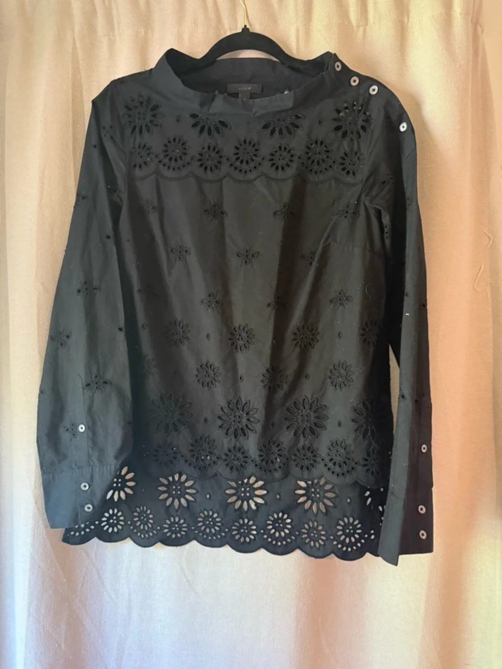 J. Crew Black Eyelet Scalloped Hem Long-Sleeve Blouse - Picture 1 of 5